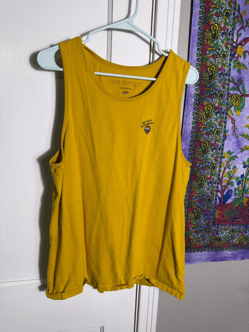 Vox Populi Large Mustard Tank Top Let That Shiitake Go Mushroom Embroidered